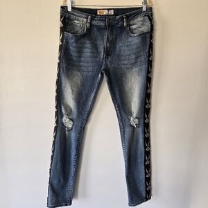 NEW Looney Tunes Bugs Bunny Tuxedo Stripe Distressed Busted Knee Jeans Mens 34